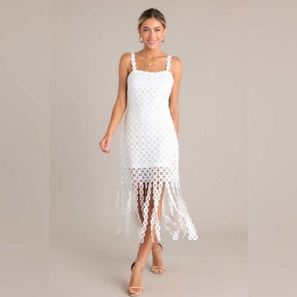 New York & Company Just Me Square Neck Circle Lace White Fringe Dress - Picture 14 of 15